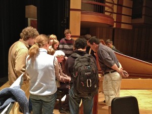 MBM director Trevor Stephenson shows 18th-century fortepiano to students at Middleton High School, April 2013